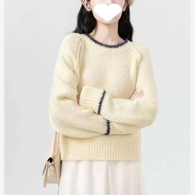 圆领撞色套头针织衫女2025秋冬新款韩版设计感长袖毛衣上衣|undefined