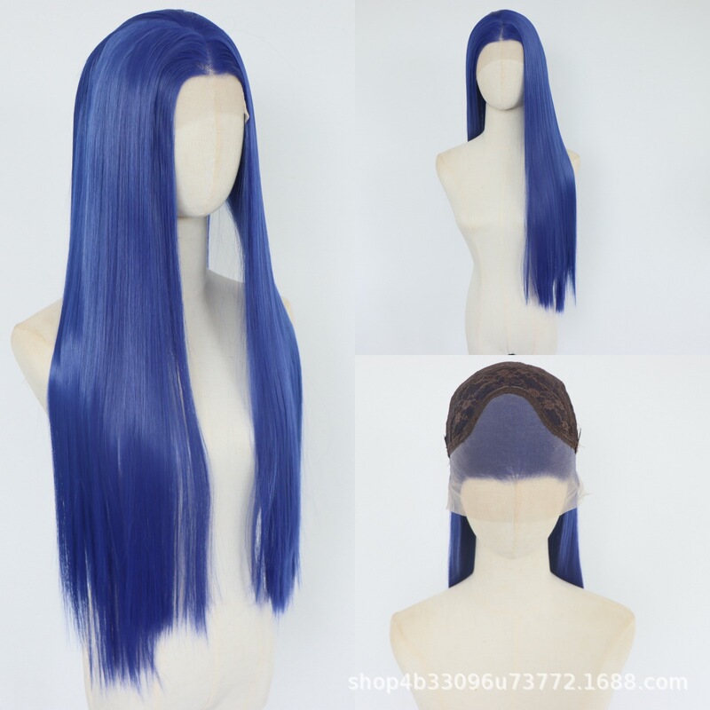 13*4 lace front wig, blue long straight hair, natural hairline, high-temperature synthetic fiber lace front wig