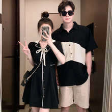 法式情侣装夏季新款韩版百褶连衣裙小个子气质黑色裙子一裙一衣潮