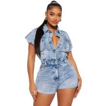 欧美ins跨境外贸女装爆款街头潮流短袖修身显瘦洗水牛仔连体短裤