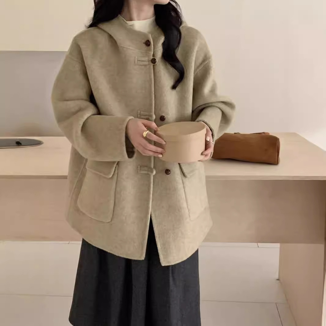 Demi-season double-sided cashmere woolen short coat with hood