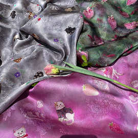 粉莓猫眠 人丝提花香云纱面料 新中式茶服旗袍奥黛连衣裙等布料
