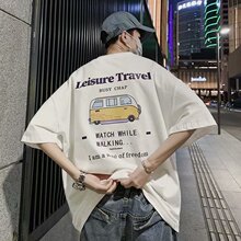 新款夏季港风印花T恤韩版潮流潮牌宽松五分袖半袖体恤ins情侣装男