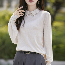 新款精纺羊毛针织衫女士POLO领套头纯色长袖烫钻简约宽松打底上衣