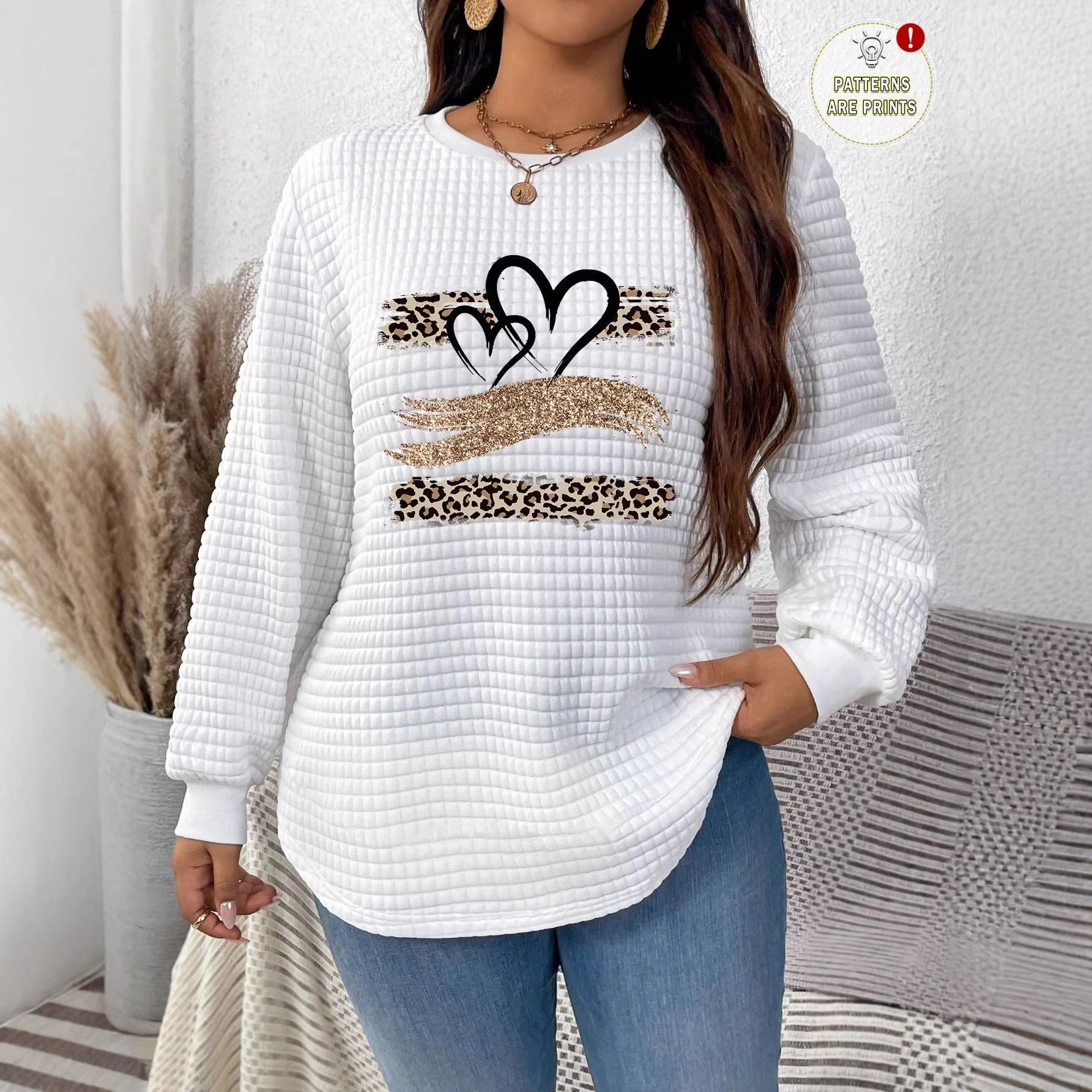 Dropshipping Waffle-Style Simple Heart Pattern Printed Women's Spring and Autumn Casual Fashion Round Neck Sweatshirt