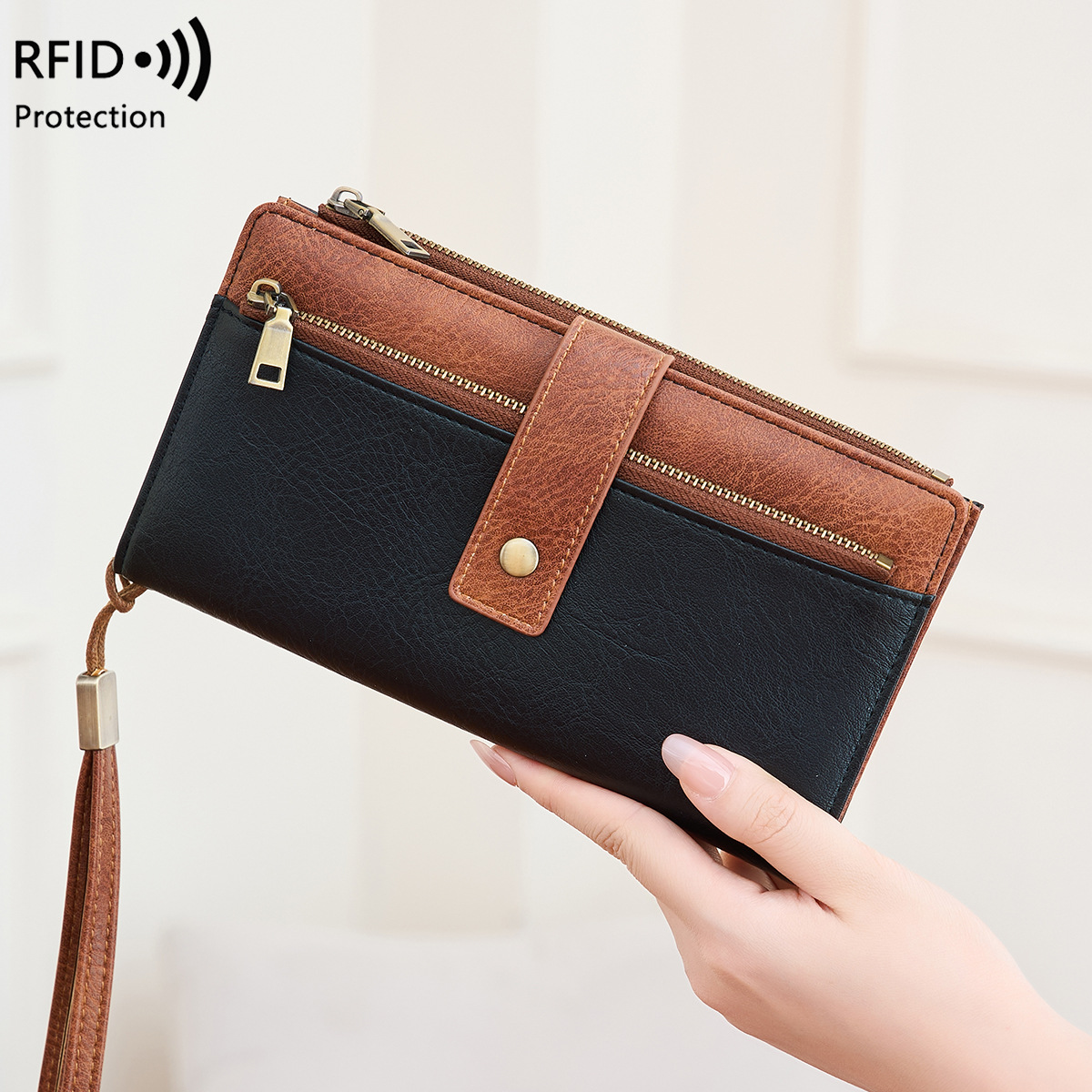 국경 간 새로운 RFID 항자성 여성용 지갑 유럽과 미국의 복고풍 패션 클러치 백 멀티 카드 슬롯 70% off 롱 지갑