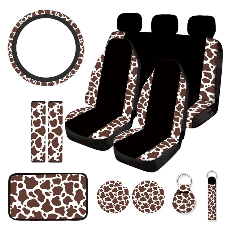Универсальные автомобильные чехлы Amazon Temu для трансграничной экспортной деятельности, с коричневой строчкой в виде коровьего рисунка, комплект из 15 предметов.