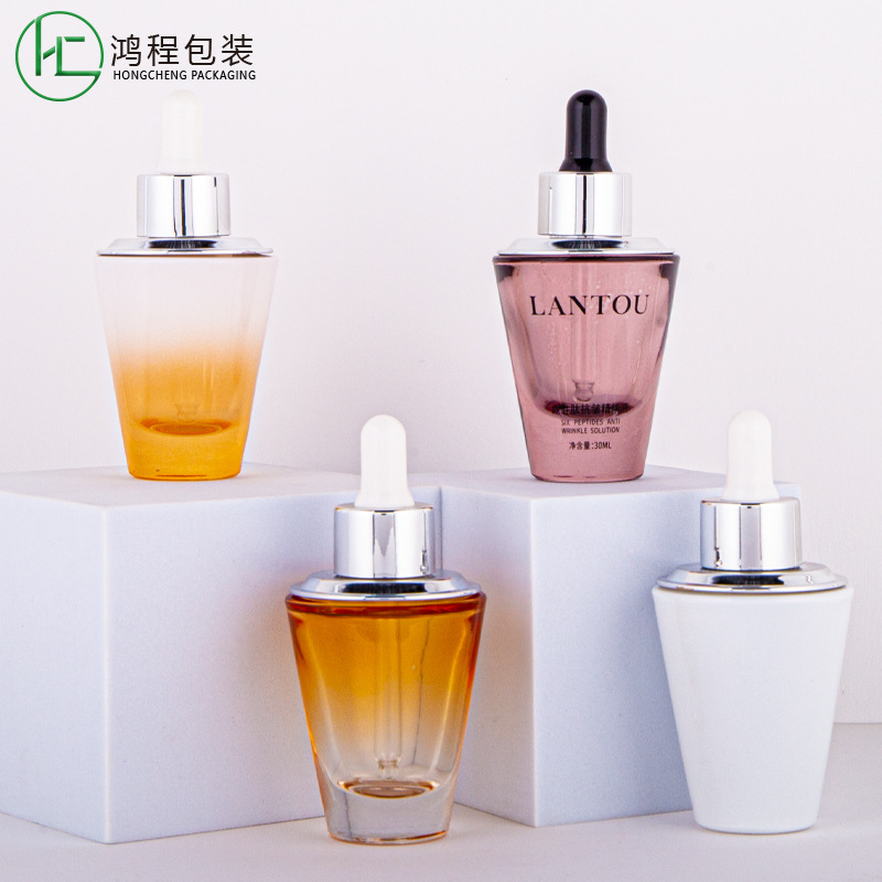 现货30ml透明精华液玻璃瓶可配滴管化妆品厚底锥形精华液护肤品瓶