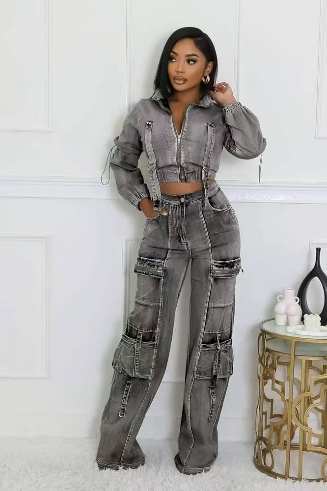 Dam denim set med stretch och högmidjade utility-byxor_voghion.com