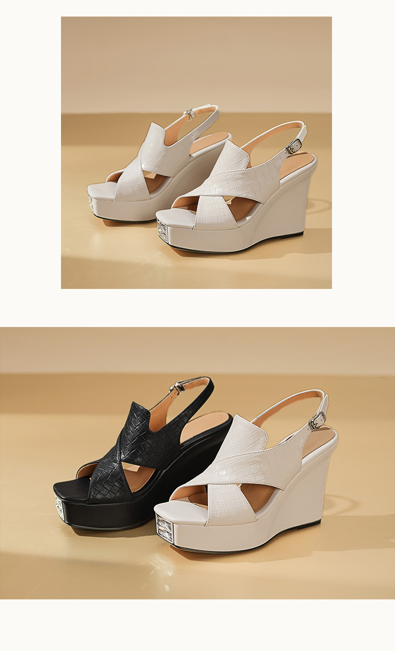 Sandal cao gót nữ mũi hở đế xuồng phong cách La Mã — Màu đen chi tiết 7