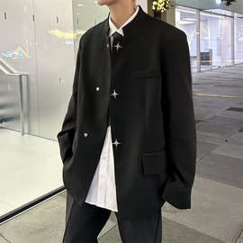新中式西装礼服套装男士潮流设计感金属扣垫肩西服小众立领中山装