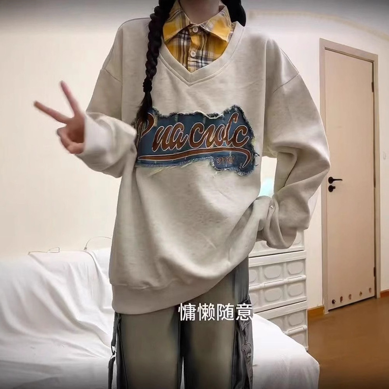 2025春秋款美式学院假两件格子拼接设计感卫衣外套上衣|undefined
