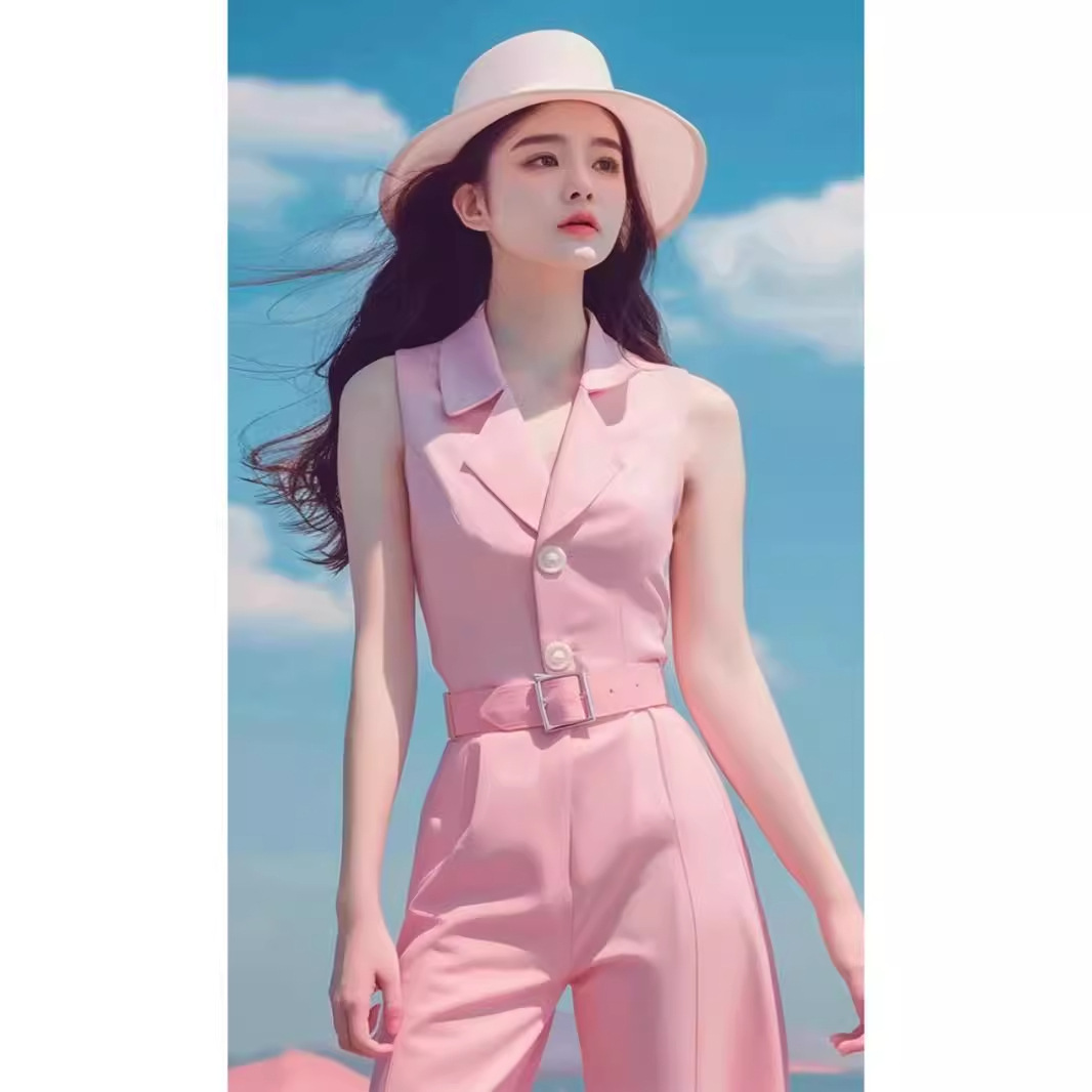 Bộ jumpsuit nữ dài tay màu hồng phong cách dopamine mùa hè cao cấp — Màu hồng