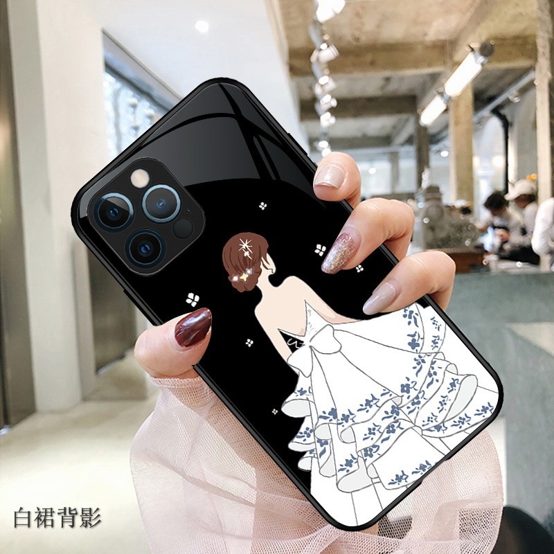 Iphone16 Mobile Phone Case 17Pro Glass Case Huawei Samsung Oppo Cartoon Girl Couple Suitable for Anti-Fingerprint