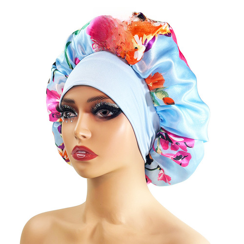 Wide Brim Satin Sleep Hat, Printed Round Hat, Cross-border New Printed Home Hat, Soft Hair Protecting Hat, Plus Size