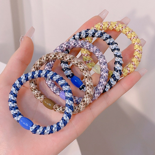 Cross-border colored braided rubber band basic style girls high ponytail gold and silver wire contrasting thickened bracelet hair rope