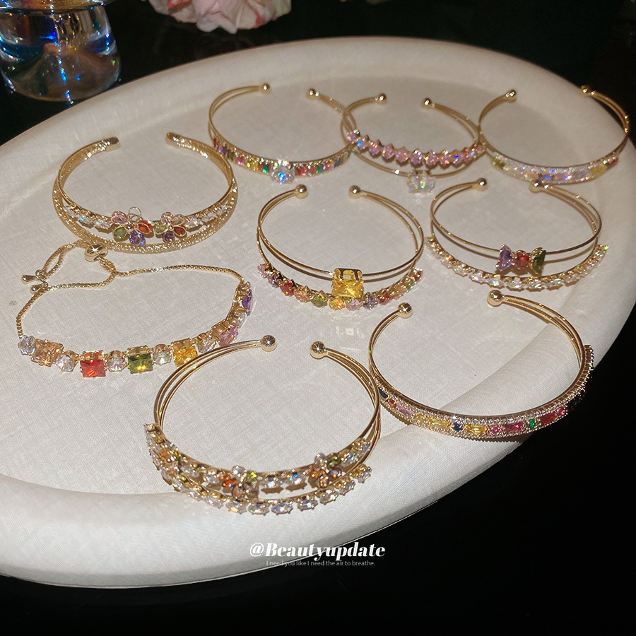 Pulsera de apertura geométrica de malla de flor de circón, pulsera retro de lujo ligero exquisito europeo y americano