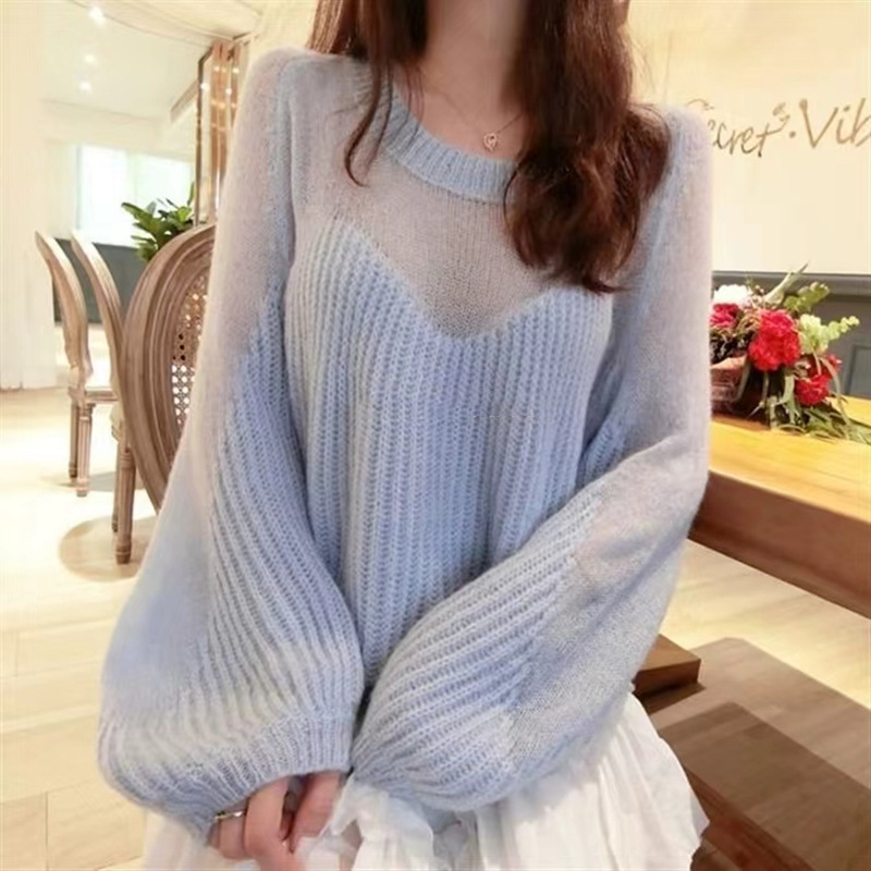 Corea del Sur Dongdaemun nuevo suéter de mujer flojo viento suelto delgado agujero linterna manga camisa de punto camisa