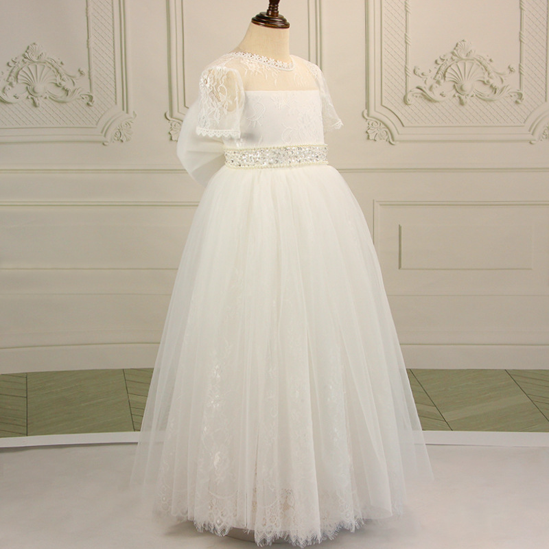 Europa y América del comercio exterior transfronterizo vestido de boda de los niños de encaje de manga corta sin respaldo de la niña princesa vestido largo