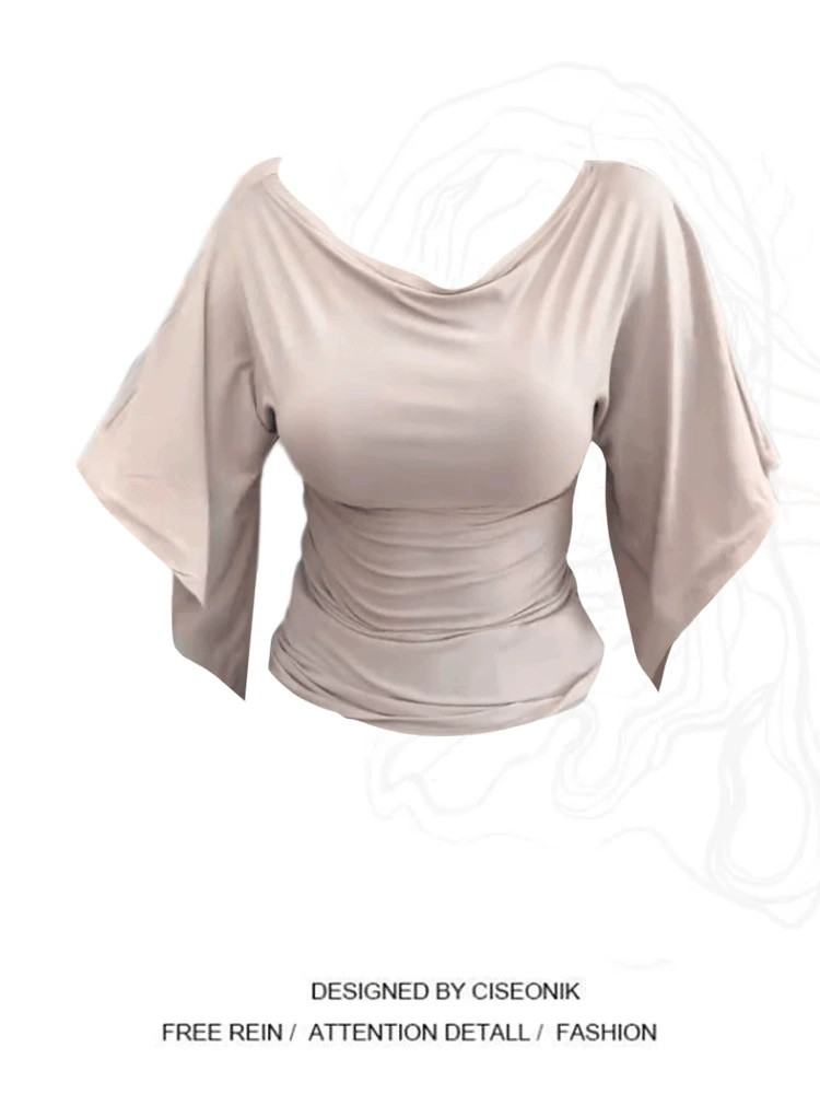 Женская летняя футболка с открытыми плечами и расклешенными рукавами, закрывающая тело, для полных девушек, в стиле Pure Desire, с расклешенным воротником