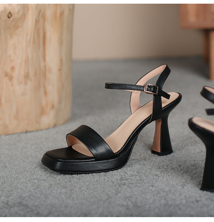 Sandal cao gót nữ quai ngang hở mũi da bò thật khóa thời trang — Màu đen chi tiết 20
