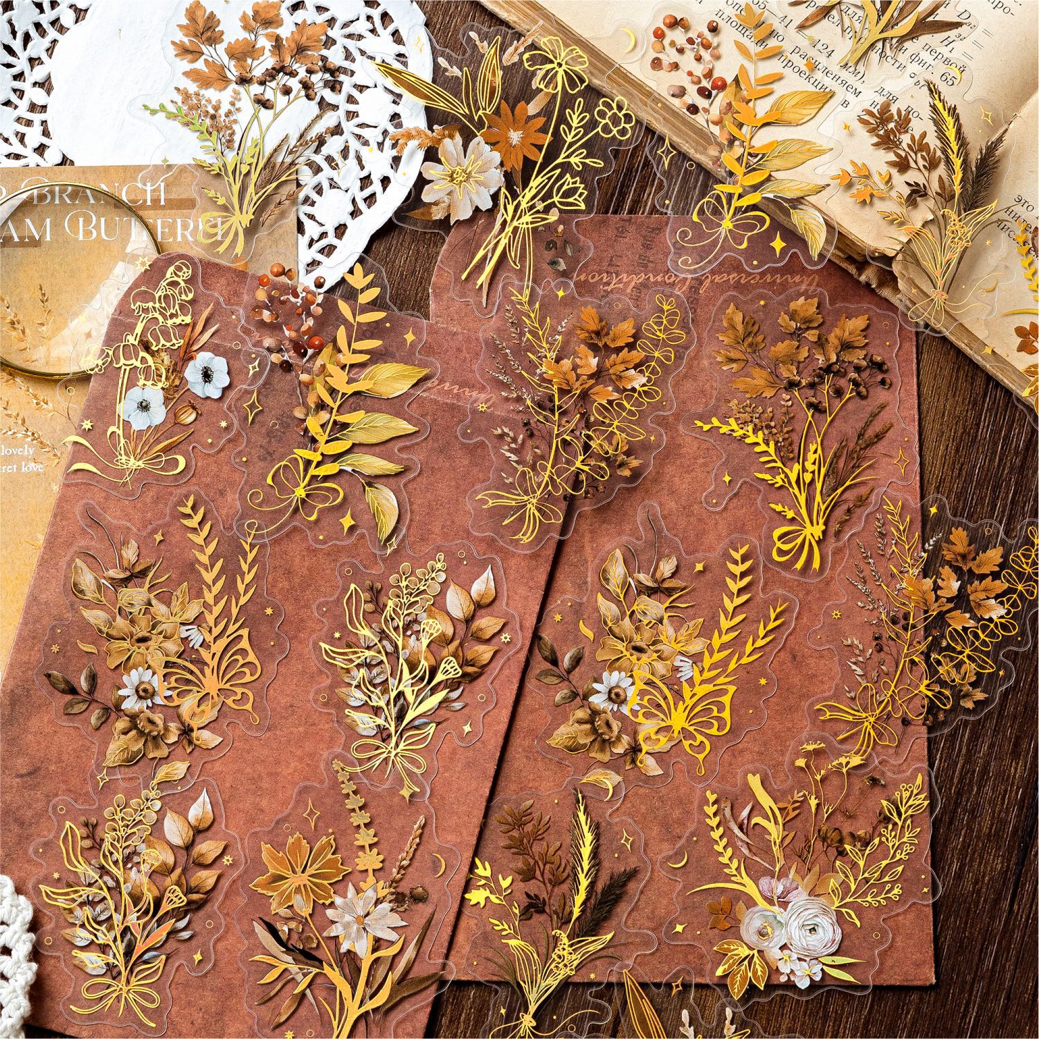 Sugar Poetry PET Stereo Bronceado Pegatinas de tinta blanca Paquete Ka Fragrant Series Retro Plant Flower Cart Pegatinas de cuentas manuales