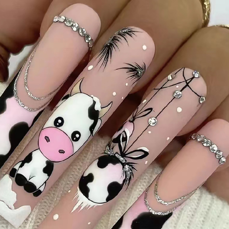 Super-long water pipe nail cartoon cow cross-border Europe and the United States nail piece ins wind wear nail piece nail patch fake nails Super-long water pipe nail cartoon cow cross-border Europe and the United States nail piece ins wind wear nail piece nail patch fake nails