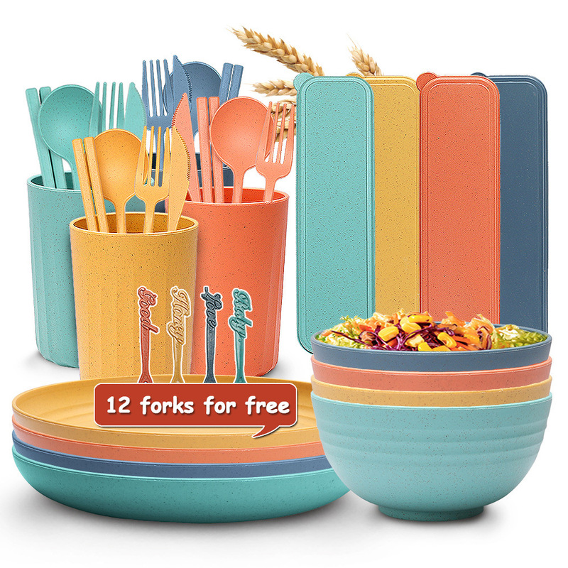 Cross-border bestseller wheat straw salad bowl and plate set, household plastic cup, portable cutlery set with knife, fork, spoon, and chopsticks Cross-border bestseller wheat straw salad bowl and plate set, household plastic cup, portable cutlery set with knife, fork, spoon, and chopsticks