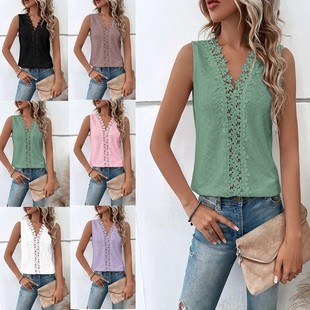2025 European and American Export Cross-Border Women's Clothing Summer New V Neck Splicing Cut Out Lace Vest t Top Women
