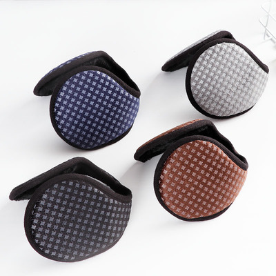 冬季男士時尚純色細格後戴式耳罩大號厚戶外騎行保暖耳捂耳暖女