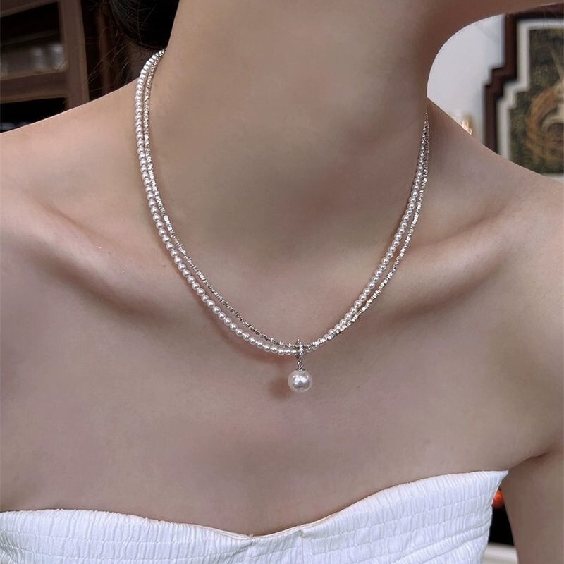 French-Style Light Luxury Double-Layer Silver-Wrapped Pearl Necklace for Women, Vintage Chic Luxury Pendant with a Unique Design French-Style Light Luxury Double-Layer Silver-Wrapped Pearl Necklace for Women, Vintage Chic Luxury Pendant with a Unique Design