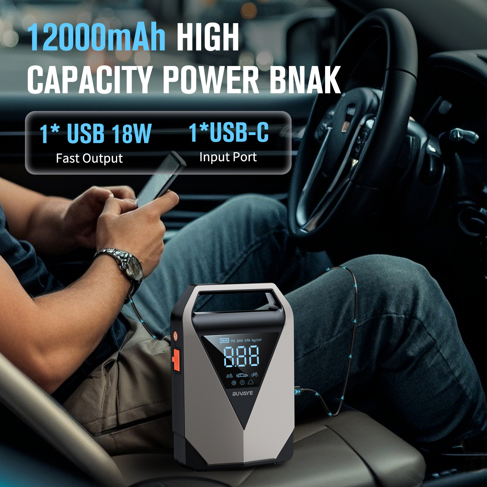 Jump Starter with Air Compressor Emergency Starting Power Supply and Air Pump All-In-One Power Bank