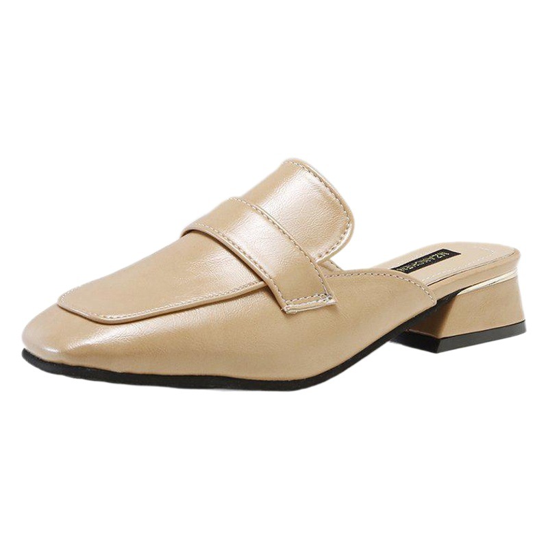 Zapatillas medias de las mujeres 2023 verano nuevo punta cerrada costura de cuero transpirable mediados talón señoras zapatillas Cabeza Cuadrada