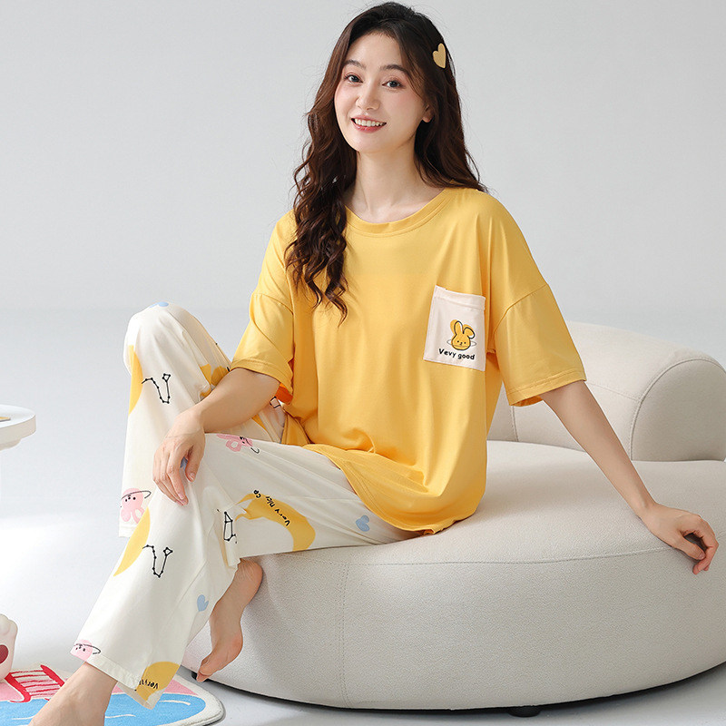 Special Offer 2025 New Summer Cotton Pajamas for Women, Short-Sleeved Long-Pants Set, Plus Size 100-110kg Loungewear