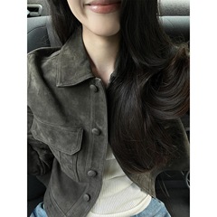美式复古咖色短款麂皮外套女2025秋季新款高级感休闲百搭夹克上衣