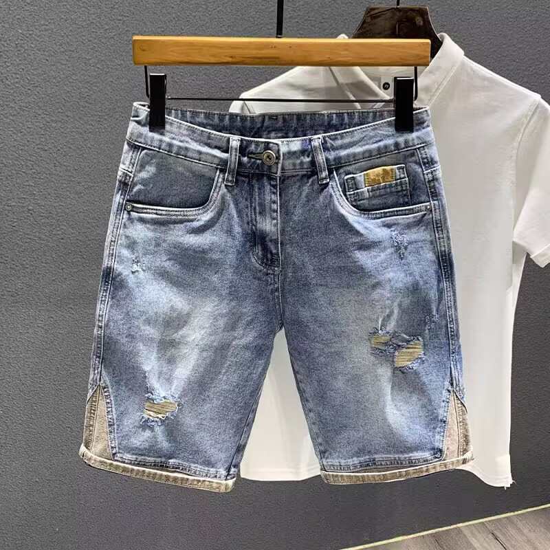 2022 Summer Trendy Brand Beggar's Hole Denim Shorts Men's Stitching Mid-length Pants Trendy Slim-fit Five-length Pants