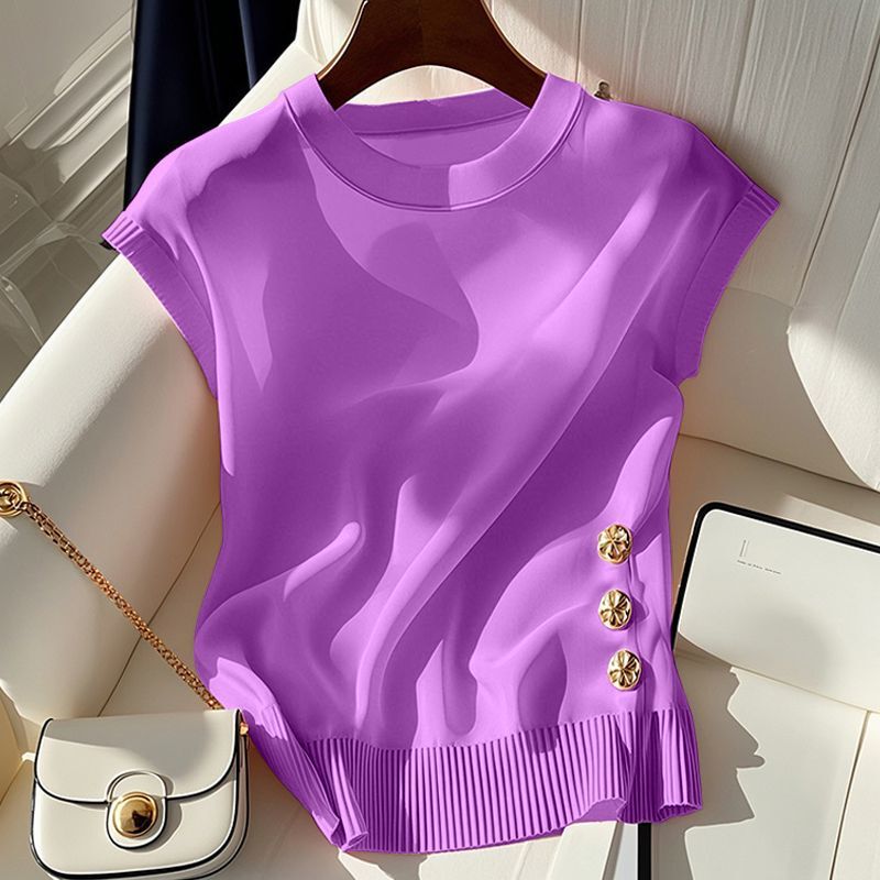 French Style Light Luxury Beautiful Pink Round Neck Knitted Sleeveless T-shirt Women's Summer Chic Super Nice Age-reducing Top