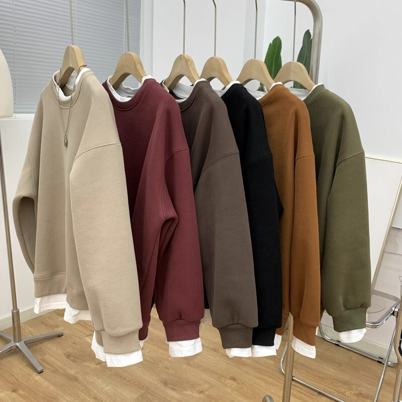 2025 Early Autumn Thickened Korean Style Fashion Loose Patchwork White Trim Long Sleeve Top Solid Color Versatile Fake Two-Piece Sweatshirt for Women