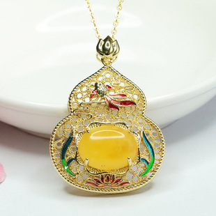 Xinyu natural beeswax gourd pendant yellow honey amber necklace women retro factory wholesale generation HP3081509