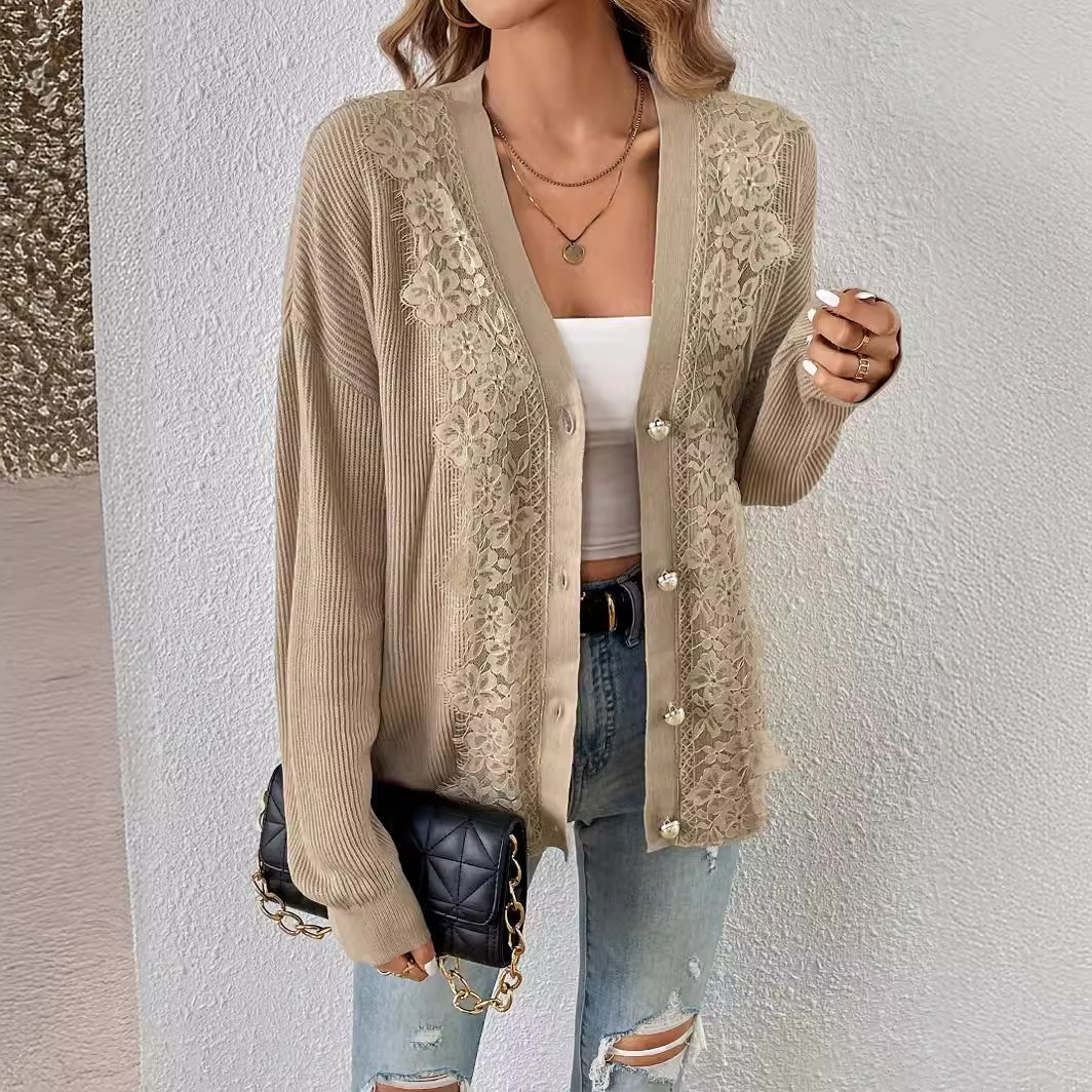 Sexy Knit Cardigan Set – Chic Open-Front Acrylic Sweater With Lace Trim (Khaki, S/M/L)_voghion.com