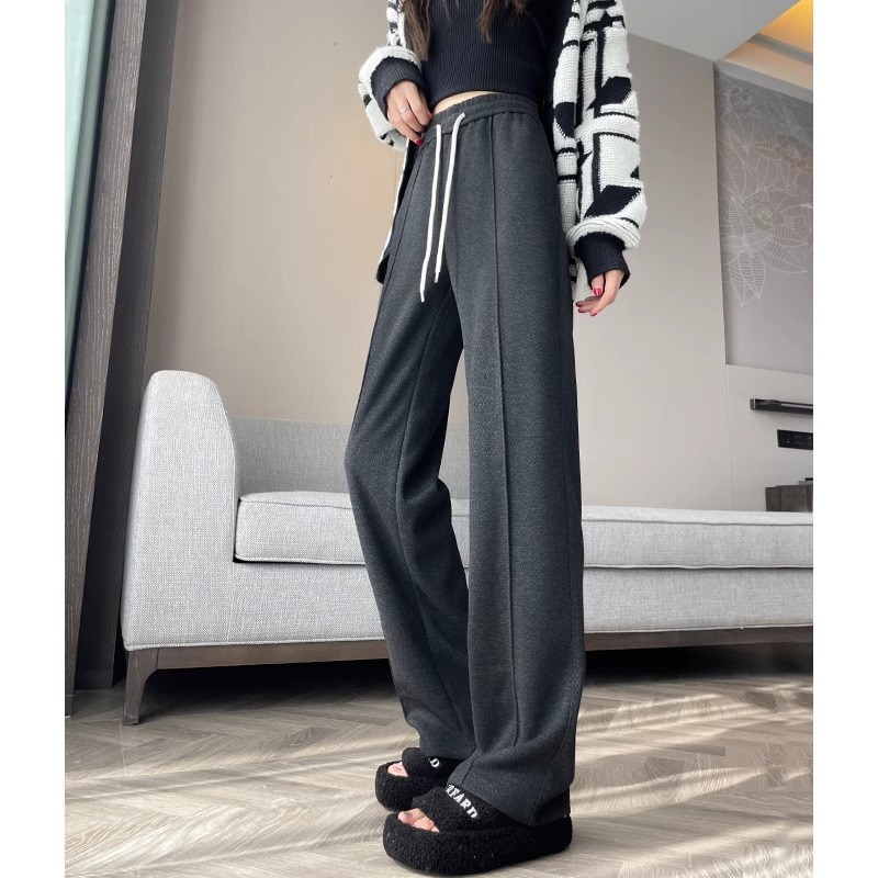 Pantalones de lana gris oscuro estrechos de piernas anchas de alta calidad para mujeres 2024 caño y invierno pantalones de cintura alta con estampado en herringbone caño y invierno