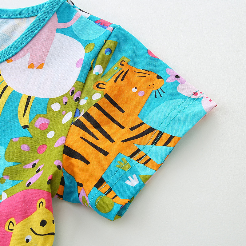 Novedad de verano, vestido para niñas, vestido de princesa con estampado de animales de dibujos animados, jersey de cuello redondo, vestido tejido de algodón de manga corta para niños