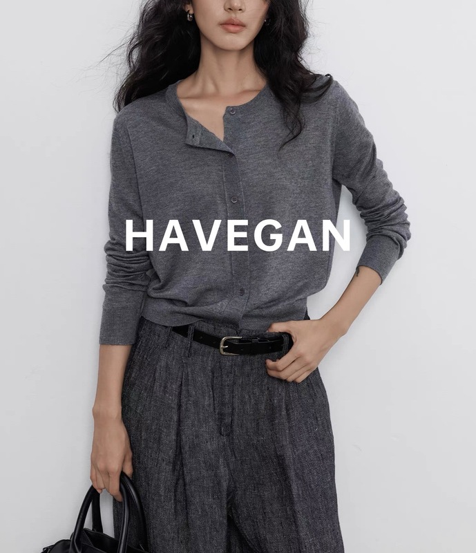 与间HAVEGAN/秋季圆领长袖针织开衫女薄款外穿宽松慵懒老钱风上衣|undefined