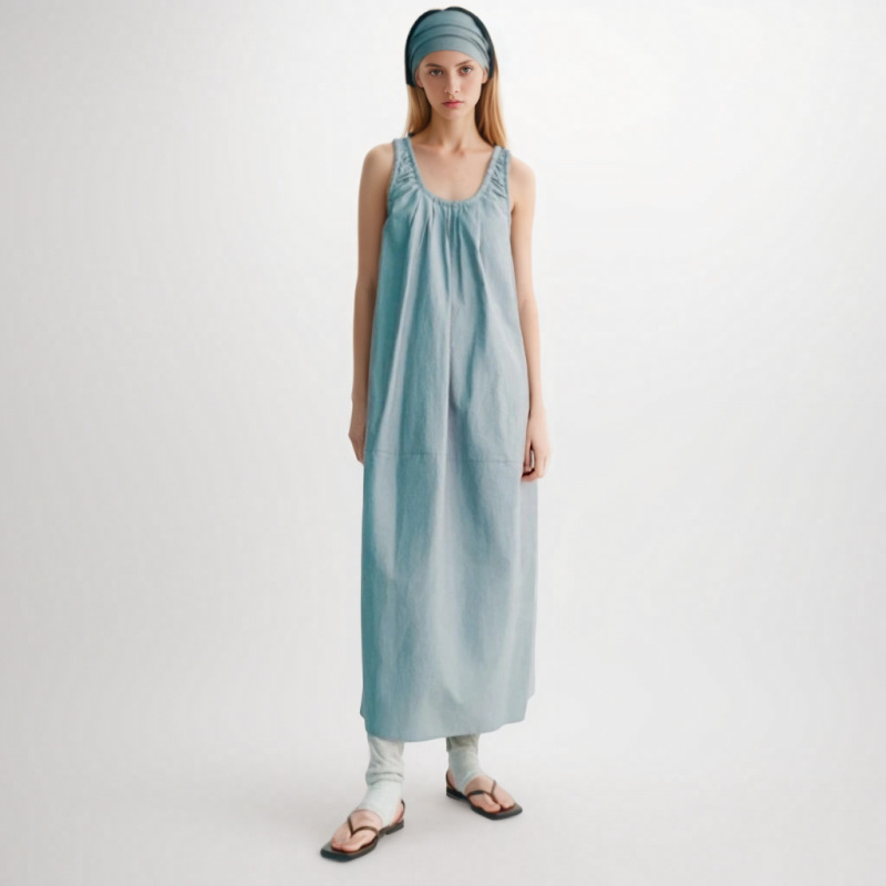 Nordic Style Summer New All-match Solid Color Elegant U-collar Backless Pleated Round Rope Vest dress Women's Long Dress Nordic Style Summer New All-match Solid Color Elegant U-collar Backless Pleated Round Rope Vest dress Women's Long Dress