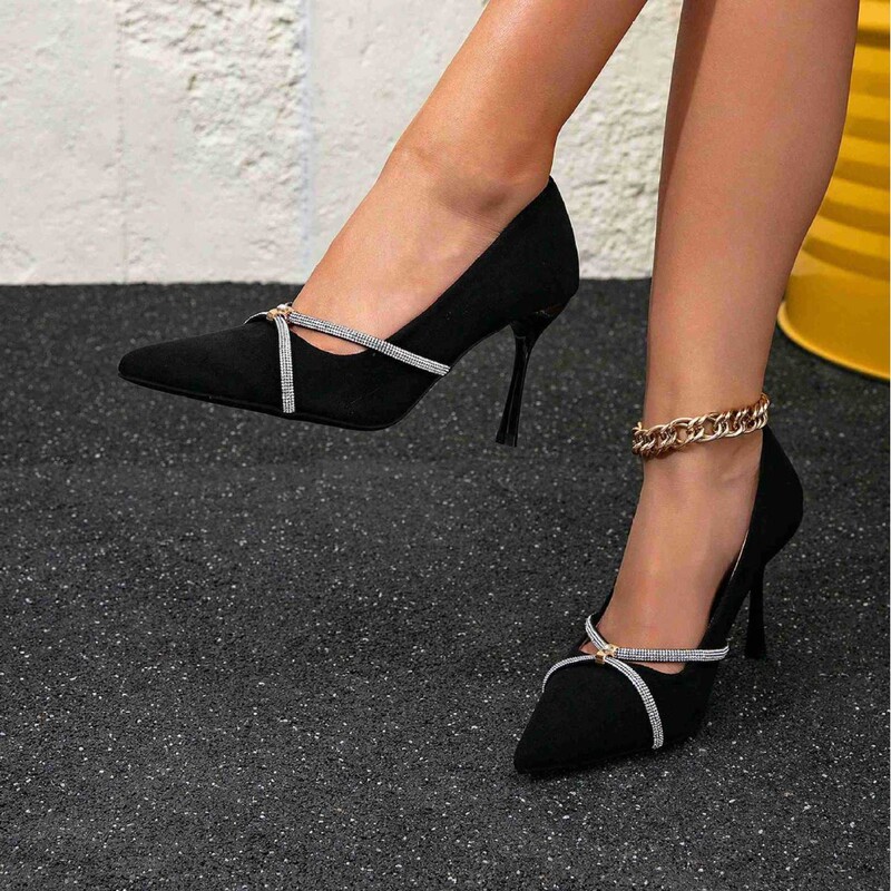 Black Suede Pointed-Toe Women's Pumps—Diamond-Embellished Strappy Stiletto Heels, Suitable for Commuting and Parties