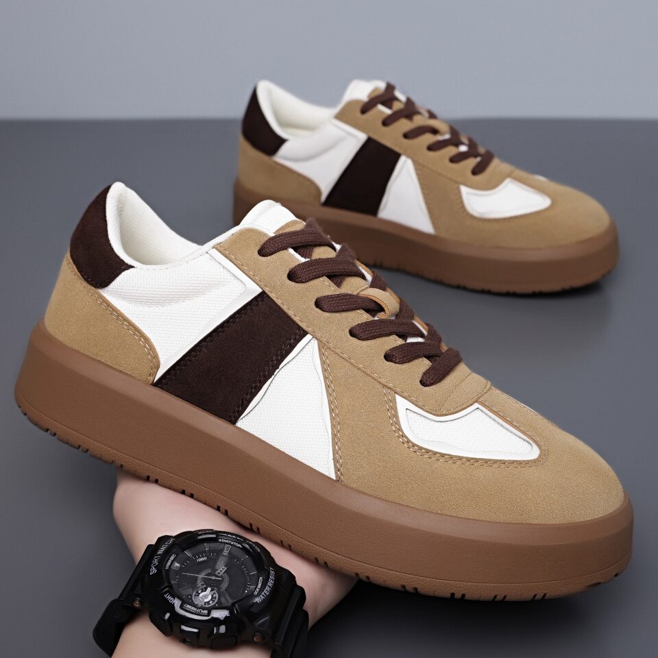 Giày sneaker nam cổ thấp phối màu, mũi tròn, đế cao su, thoáng khí, dây buộc — Màu lạc đà, Màu trắng