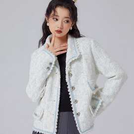 早春新款蓝白色粗花呢短外套女温柔甜美气质爱心扣简约轻便上衣