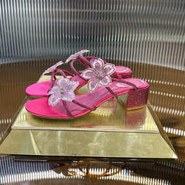 新款仙女水晶鞋法式时尚露趾蕾丝花朵水钻拖鞋水钻粗跟凉鞋公主鞋