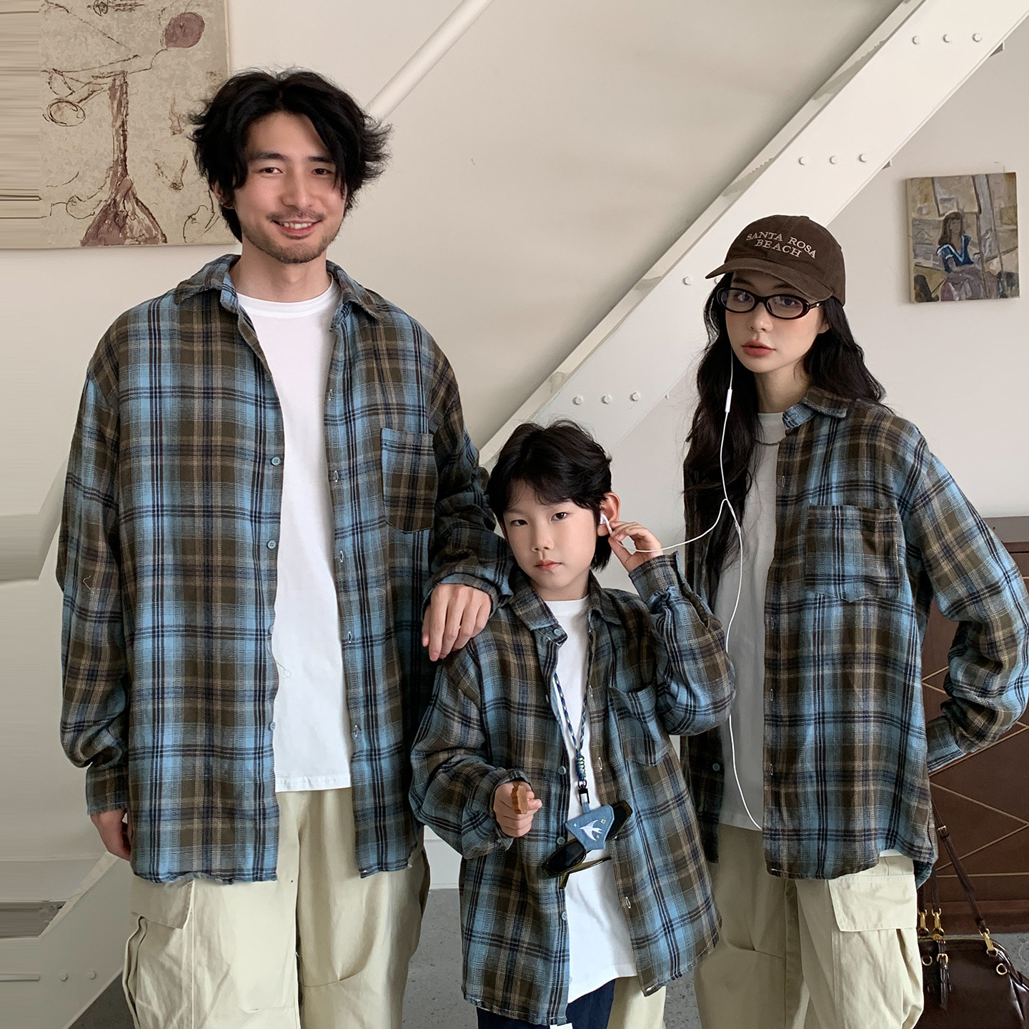 Spring and Autumn Vintage Plaid Family Matching Shirts, Casual Style for a Family of Three, Brushed Shirts for Mother and Son, Father and Son, Long Sleeve