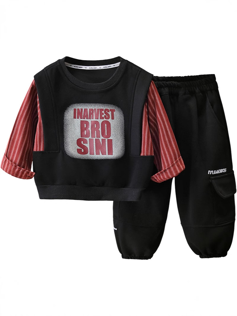7671 traje de suéter para niño 2025 nuevo estilo primavera y otoño falso dos piezas de ropa a rayas primavera para niños de moda de dos piezas